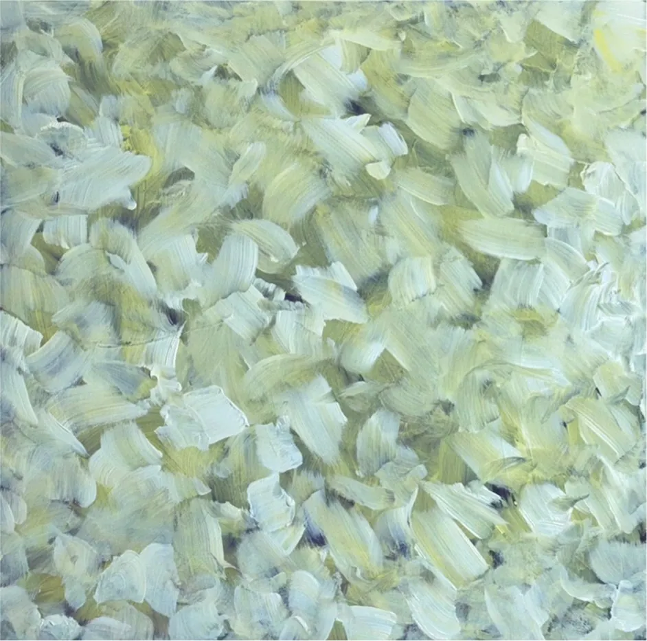 Helles Gemälde in Blassgelb und Weiss mit feinen, blätterigen Pinselstrichen